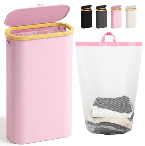 Bathola Schmaler Wäschekorb mit Deckel & Herausnehmbarem Wäschesack, Rosa | 75L Bambusrahmen, Platzsparender Wäschebehälter, Faltbarer Wäschesammler für Bad, Schlafzimmer, Waschküche & Wohnmobil