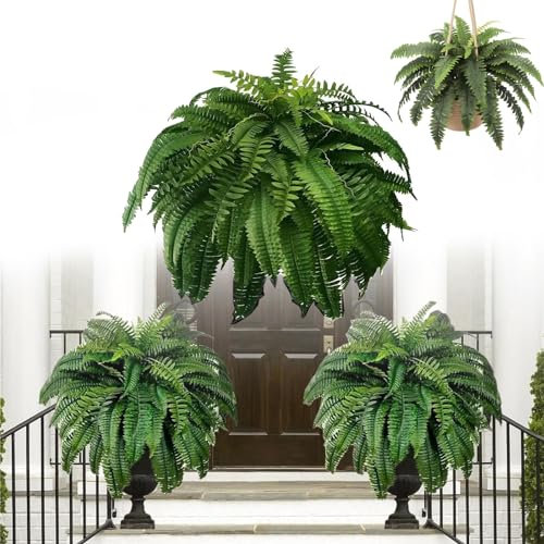 Helechos artificiales colgantes para exteriores, helechos falsos grandes para porche, decoración de cestas al aire libre, plantas falsas realistas para cestas colgantes (60 hojas)