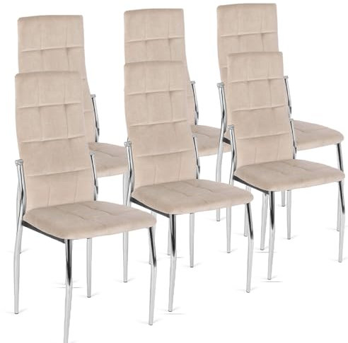 MEBEL ELITE Esszimmerstühle 6er Set – Weiche Stühle aus Velourstoff in Beige – Gepolsterte Stühle mit silbernen Metallbeinen – Moderne, Pflegeleichte Esszimmerstühle im eleganten Design