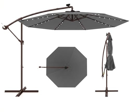 COSTWAY Ombrellone da Giardino 300 cm, 40 Luci LED Solari, Anti-UV, Inclinazione Regolabile, Manovella, 8 Stecche per Esterno Piscina Patio (Grigio)