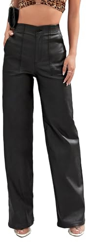 Lover Premium Faux Leather Pants High Waist Coated PU Button Straight Leather Black Leggings Wide Leg Pants with Pockets