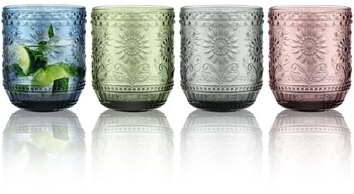 LOITTAINUE Lot de 4 verres multicolores - 360 ml - Verres à eau colorés avec motif floral moderne en relief - Passe au lave-vaisselle - Pour eau, boisson, jus, fête, jardin