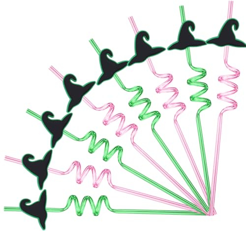 8 cannucce riutilizzabili in plastica, con motivo cappello da mago, cannucce ricce in plastica dura, a tema strega verde e rosa, bomboniere decorative per feste malvagie e Halloween