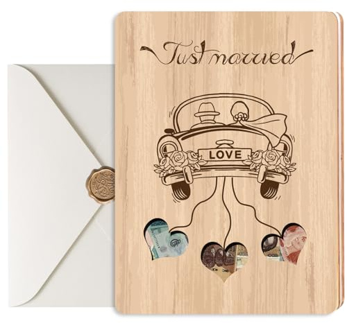 Hochzeitskarte Holz mit Umschlag, Hochzeitsgeschenk Geld für Brautpaar Exquisit Hochzeitskarte Geldgeschenk Ideen mit Siegellack Karte zur Hochzeit Just Married Glückwunschkarte Hochzeitsreise