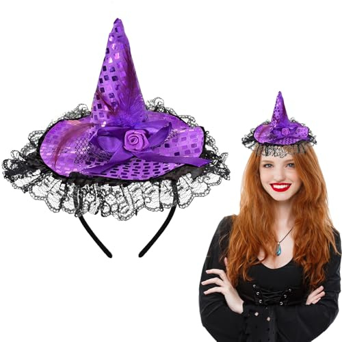 Serre-Tête Chapeau de Sorcière d'Halloween, Bandeau de Sorcière avec Dentelle Plumes Nœud, Serre Tête Décoratif en Forme de Chapeau de Sorcièr pour Déguisement Fête, Cosplay, Halloween (Violet)