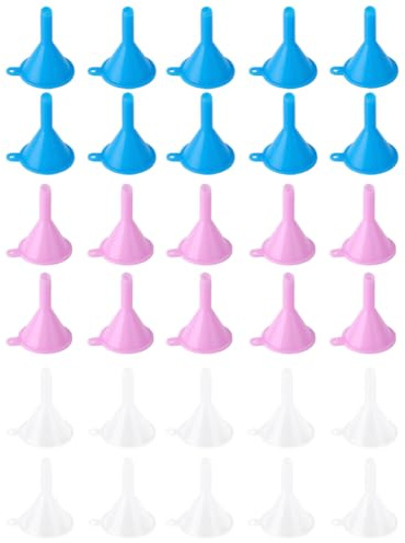BEAMARKER 30 mini Embudo de Plástico de 3 colores para Llenar Botellas Pequeñas de 2.1x2.3x1.1 pulgadas, Envases Cosméticos Rellenables, Embudos para Aceites Esenciales, Perfumes, Agua, Lociones,