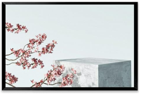 White stone podium Cosmetic display stand blossom flowers white Black Framed Canvas Wall Art for Living Room Bedroom Kitchen Bathroom Prints Pictures Wall Decor Posters Painting Artwork 16x24