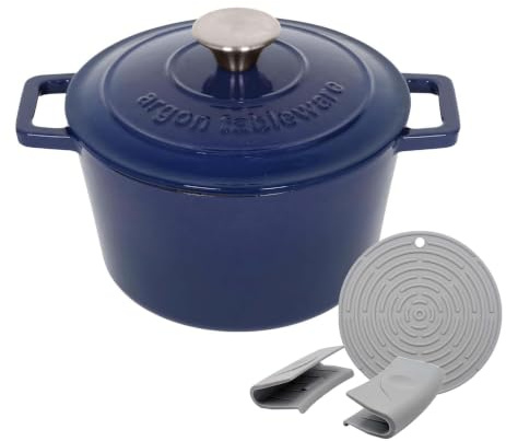 Argon Tableware Round Cast Iron Casserole Dish with Self-Basting Lid - 2.8L - Midnight Blue - 1x Induction Hob Cooking Dutch Oven Bread Baking Serving Roasting Stew Stock Pot Cookware Pan