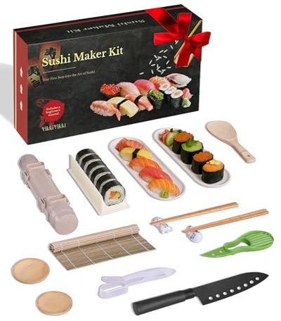 Vikkivikki Sushi Maker Set, Sushi Set für Anfänger, Komplett Kit zum Selber Machen mit Sushi Bazooka, Bambus Rollmatte, Stäbchen, Teller, Onigiri Form & Zubehör.