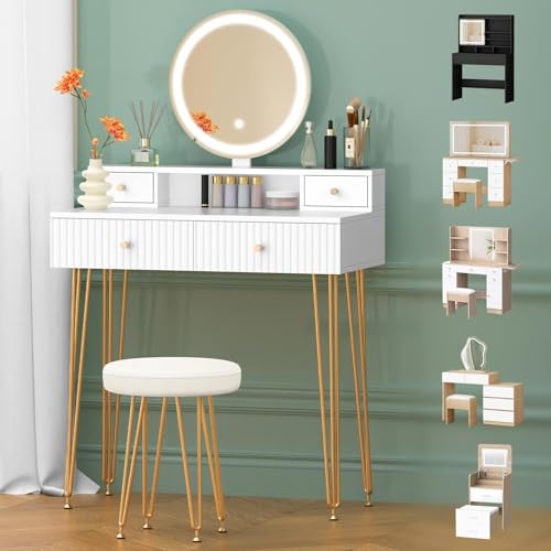 ALFORDSON Schminktisch mit Beleuchtung, Rundem Spiegel, 4 Schubladen, Weiß | Make Up Tisch mit Haarnadel-Tischbeine 80Bx40Tx132H cm, Hocker, 3 LED-Lichtmodi, Helligkeit Dimmbar, Vanity fürs Schlafzimmer