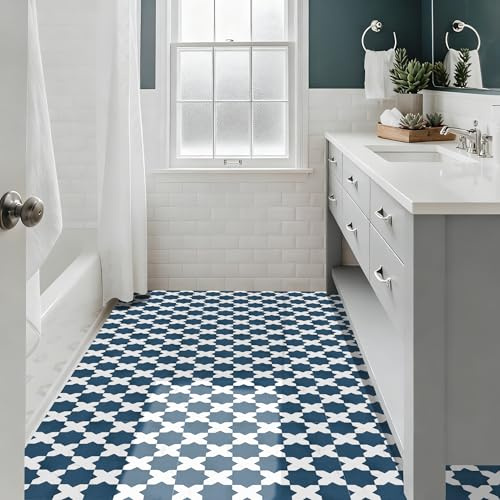 Alwayspon 30x30cmx10Pcs Self-adhesive Flooring Peel and Stick Vinyl Sticker, Non-slip Waterproof Vinyl Floor Tiles Decal for Kitchen Bathroom Living Room, Vintage Blue White Marble