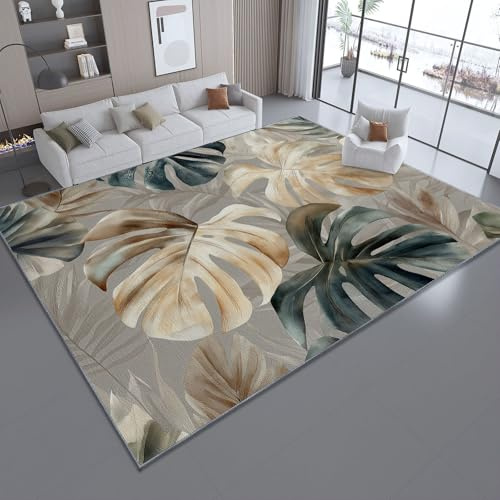 Soft Bohemian Style Monstera Deliciosa Leaves Rug, Washable Area Rugs Living Room 160 x 230 cm Dining Kitchen - Easy Care Pile Non-Slip Short Pile Grey