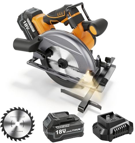 18V Max Corldless Circular Saws with 4.0Ah Battery & Charger - Up to 5500 RPM, LED Light Power Cutter Kit with 165mm 24T Blade, Max Cut Depth 55mm (90°), 36mm (45°) for Wood, PVC Cuting