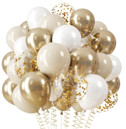 QIFU Vit Och Guld Ballonger, 12 Tum Metallisk Guld Och Beige Ballonger Med Gyllene Konfetti Latex Ballong För EID Ramadan Dekorationer Flickor Födelsedag Dekorationer Förlovning Bröllop Ballong