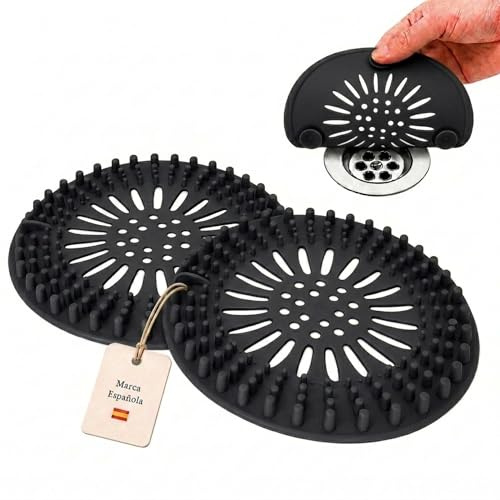 VALEMA® Atrapa Pelos Ducha | Rejilla Desague Ducha | Pack de 2 Unidades Color Negro con Ventosas | Filtro Desague para Bañera y Fregadero | para Evitar Cucarachas y Atascos.