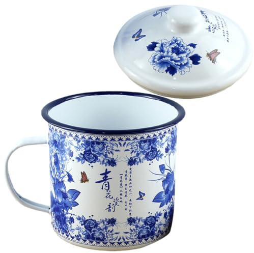 Housoutil Taza Esmaltada Retro con Tapa Estilo Antiguo Azul y Taza de Porcelana para Té y Camping Reutilizable Diseño Vintage y Resistente