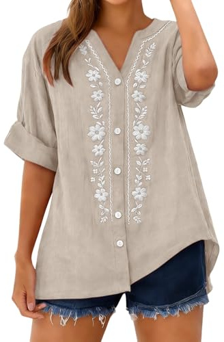Camisas Mujer Manga 3/4 Algodón y Lino Camiseta Casual Cuello en V Casual T-Shirt Bordado Vintage Blusa Elegante Suelto Moda Fiesta Boho Tops T-Shirt Original Oficina Negocios Primavera Verano