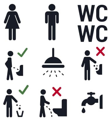 Toiletten Aufkleber Set 10 Stück – Piktogramm Vinyl Aufkleber je 10x10 cm – Hygiene Regeln & Türschild Damen Herren für Büro Restaurant Schule Gäste WC (Schwarz)