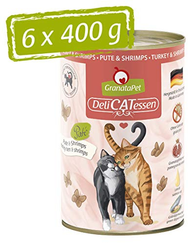GranataPet Delicatessen - Comida húmeda para Gatos de Pavo y camarones, Comida para Gatos para gourmets, sin Cereales y sin azúcares añadidos, 6 x 400 g