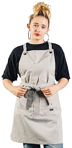 Caldo Crossback Kitchen Apron for Cooking- Mens and Womens Professional Chef or Server Bib Apron - Adjustable Crossback Style - Rustic- Midweight Cotton (Grey)