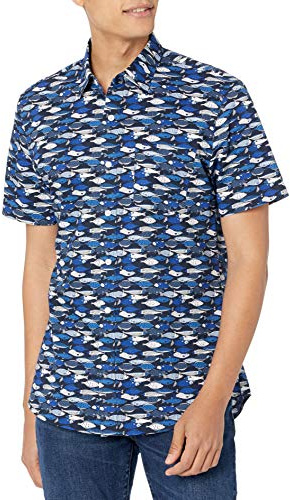 Amazon Essentials Chemise imprimée à Manches Courtes pour Hommes, Coupe ajustée, Bleu Poisson, Taille XL