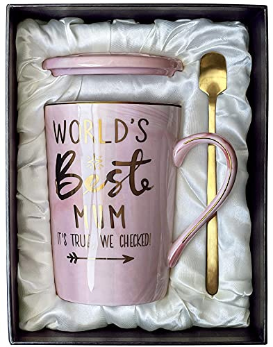 Mamma födelsedag mors dag gåvor till mamma från dotter son - World's Best Mum - Mummy mugg, roliga presenter till mamma från barnet på hennes födelsedag, 41 ml rosa marmor keramisk kaffekopp med guld