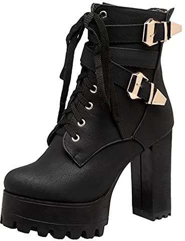 SJJH Damen Plateau Stiefeletten mit hohem Blockabsatz und Niete (Schwarz, 46 EU)