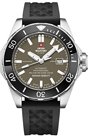 Swiss Military by Chrono Herren Uhr Armbanduhr Automatik Uhrwerk mit Silikonarmband Analoge Herrenuhr Silber Schwarz SMA34092.08