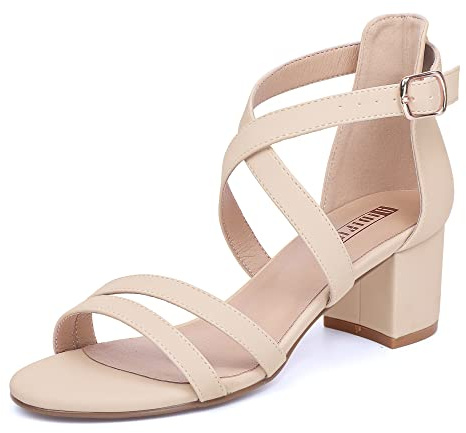 IDIFU Women's Block Low Chunky Heel Strappy Sandals Open Toe Ankle Strap Dress Wedding Evening Shoe for Women Bridal (Nude Nubuck, 9 M US)