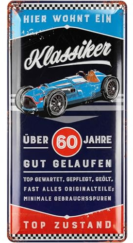 LANOLU Retro Blechschild 60 Geburtstag Schild - 60 JAHRE KLASSIKER - Alternative zur Geburtstagskarte 60 - witziges Geschenk 60 Geburtstag Mann, Metallschild, 17x34cm