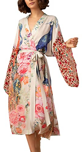 YouKD Lång kaftan för kvinnor, sommarklänning, lång maxiklänning i bohemisk stil, täckande överdragsklänning, rymlig kimono, strandklänning, morgonrock, en storlek, Påfågelblomma, en storlek