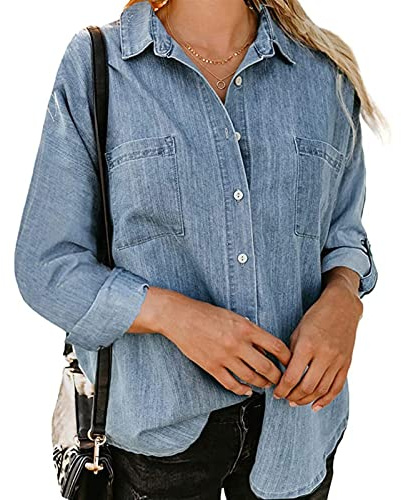 Sawmew Jeansskjorta Långärmad Jeansblus Med Knäppning För Kvinnor Mode Vår Höst Lätt Jeansjacka Med Fickor (Color : Light blue B, Size : XL)
