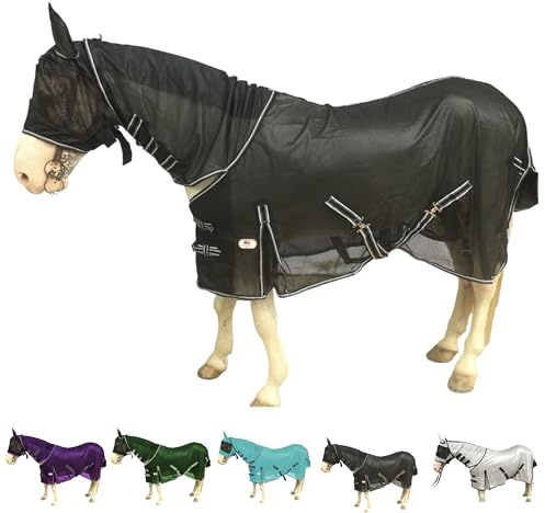 Majestic Ally Pferdefliegendecke mit Nackenschutz und Kopfmaske, atmungsaktiver UV- und Beißschutz, verstellbare Körperriemen, Boarding- oder Turnout-Zubehör, konturierte Passform (schwarz, 203,4 cm)