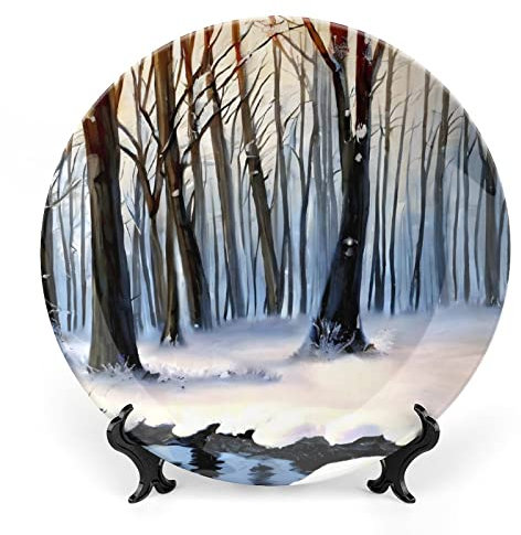 Decorative Plates for Home Decor, Winter Forest in Snow Painting Orange Decor Tray for Table Display, Ceramic Dinner Plate w/Stand, Living Room Dining Room Decor, Housewarming Gifts, 20 CM