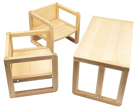 3-teilig Set CAPOARTI® CUBE Multifunktions- 2x HOLZSTÜHL + 1x HOLZBANK für Kinder - Vielseitig einsetzbarer KINDERSTÜHL und KINDERBANK umbaubar zum KINDERTISCH aus Buchenholz
