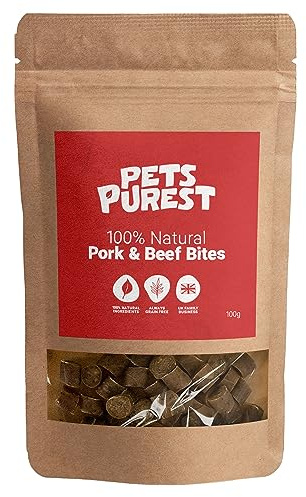 Pets Purest Natural Dog Treat Chews - 100% Healthy Air-Dried Pork and Beef Sausage Bites for Dogs, Puppy & Senior. Grain & Gluten Free Low Fat Raw Protein Dog Food Snack (100g)