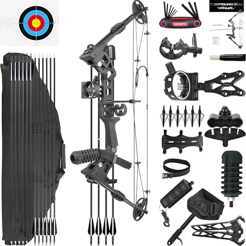 CENWTY Arco Compound Set Adulto 20-70 LBS Arco da Caccia e Pesca con L'Arco Freccia e Arco Composto Set Arco per Tiro con L'Arco Caccia Bersaglio Tiro Pratica Mancino Destrorso (Nero Destrorso)