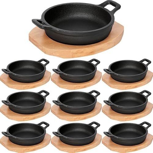 10x Servierpfanne mit Holzuntersetzer und zwei Seitengriffen Ø 13 cm Gusseisen