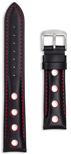 Correa de reloj deportiva de cuero Rally | Negro con agujeros naranjas, rojos, amarillos y blancos | 20 mm, 22 mm, 24 mm | Correa de carreras perforada con hebilla plateada de repuesto para hombres y