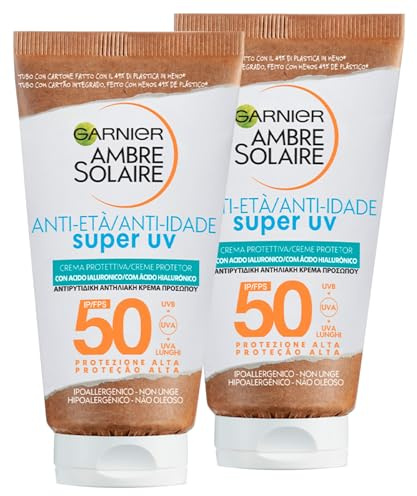Garnier Ambre Solaire Sonnencreme für das Gesicht, Anti-Aging, Super UV, Hyaluronsäure, LSF 50, hoher Schutz, feuchtigkeitsspendend, hypoallergene Formel – 2 Flaschen à 50 ml