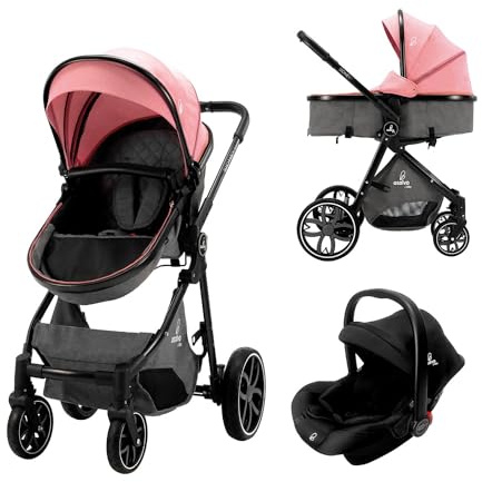 Asalvo SIDNEY 2 Trío Convertible 3 en 1, Silla de paseo, Carrito de bebé, Silla de Auto, Confortable, Segura, Capota extensible, Suspensión en las Ruedas, Freno trasero, Carga Máxima 23 kg, Rosa