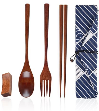Set de vaisselle 3 pièces en bois, 1 sac en tissu, 1 porte-baguettes, set de vaisselle portable, baguettes, cuillères, fourchettes en bois, convient pour les pique-niques, les déjeuners au bureau
