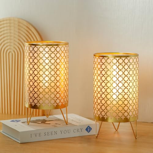 TRIROCKS 2er Set Batteriebetriebene Tischlampen Gold 23 cm, Kabellose Deko-Lampen mit LED-Birne & 6H Timer, Vintage Metall Nachttischlampe für Wohnzimmer, Schlafzimmer, Regal & Balkon (Gold)