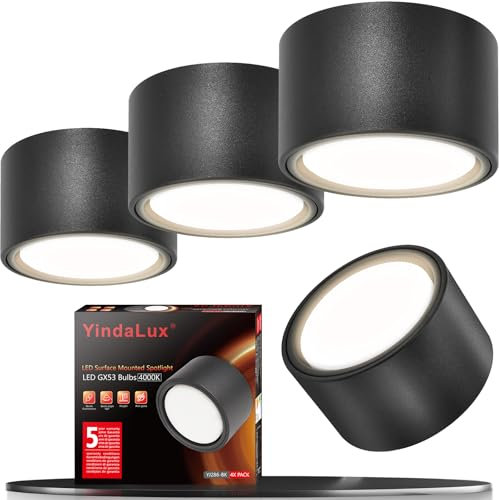 YindaLux 4x LED Surface-Mounted Spotlights Black Matt Surface-Mounted Spotlight Including 6 W 660 LM Neutral White Surface-Mounted 230 V GX53 LED as Surface-Mounted Ceiling Spotlights Aluminium Round
