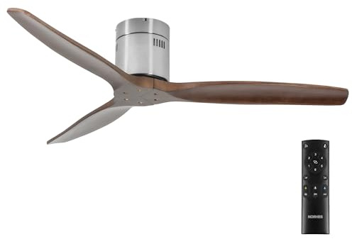 NORHES Kent Ventilador Techo Sin Luz Níquel/Madera Oscura. 3 Aspas Ø132cm. Motor DC. Verano/Invierno. 6 Velocidades. Control Remoto Temporizador. Bajo Consumo Silencioso. Brisa Natural