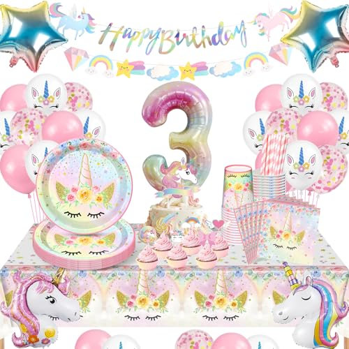 YIMAKJ Einhorn Geburtstag Partygeschirr, 3 Jahre Kindergeburtstag party Set, 3 Jahre MäDchen Geburtstagsdeko, Einhorn Luftballon Pappteller Tassen Servietten FüR Deko 3. Kindergeburtstag (16 Gäste)