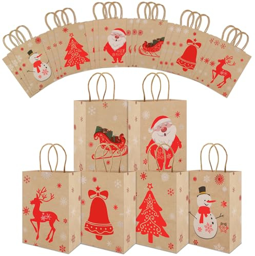 Carastek 24 Stück Geschenktüten Weihnachten,Weihnachtstüten mit Henkel 22 x 16 x 8 cm,Papiertüten Braun,Kraftpapier Geschenktaschen Weihnachten Mittel Größe