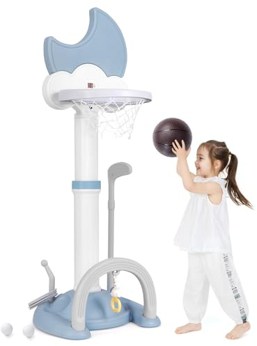COSTWAY Kids Basketball Hoop, 4 in 1 Toddler Sports Activity Center with Electronic Scoreboard, Soccer Goal, Ring Toss, Golf Set, Height Adjustable Basketball Stand for Boys Girls (White+Blue)