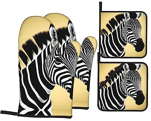 WZYWHJ Oven Mitts and Pot Holders Four-Piece Sets Oven Mitts Oven Gloves Pot Holders and Oven Mitts for Kitchen Baking Cooking Grilling Black and White Zebra Printed