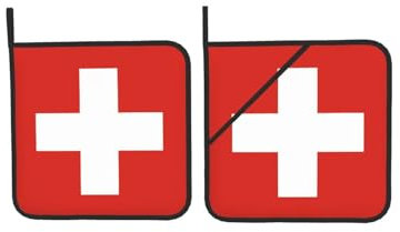 Quadratische isolierte Topflappen mit Schweizer Flagge, 2 Stück, hitzebeständige Ofenhandschuhe, rutschfest, leicht zu reinigen, Mikrowellenhandschuhe zum Backen und Grillen